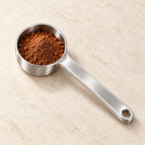 Stainless steel scoop filled with cocoa