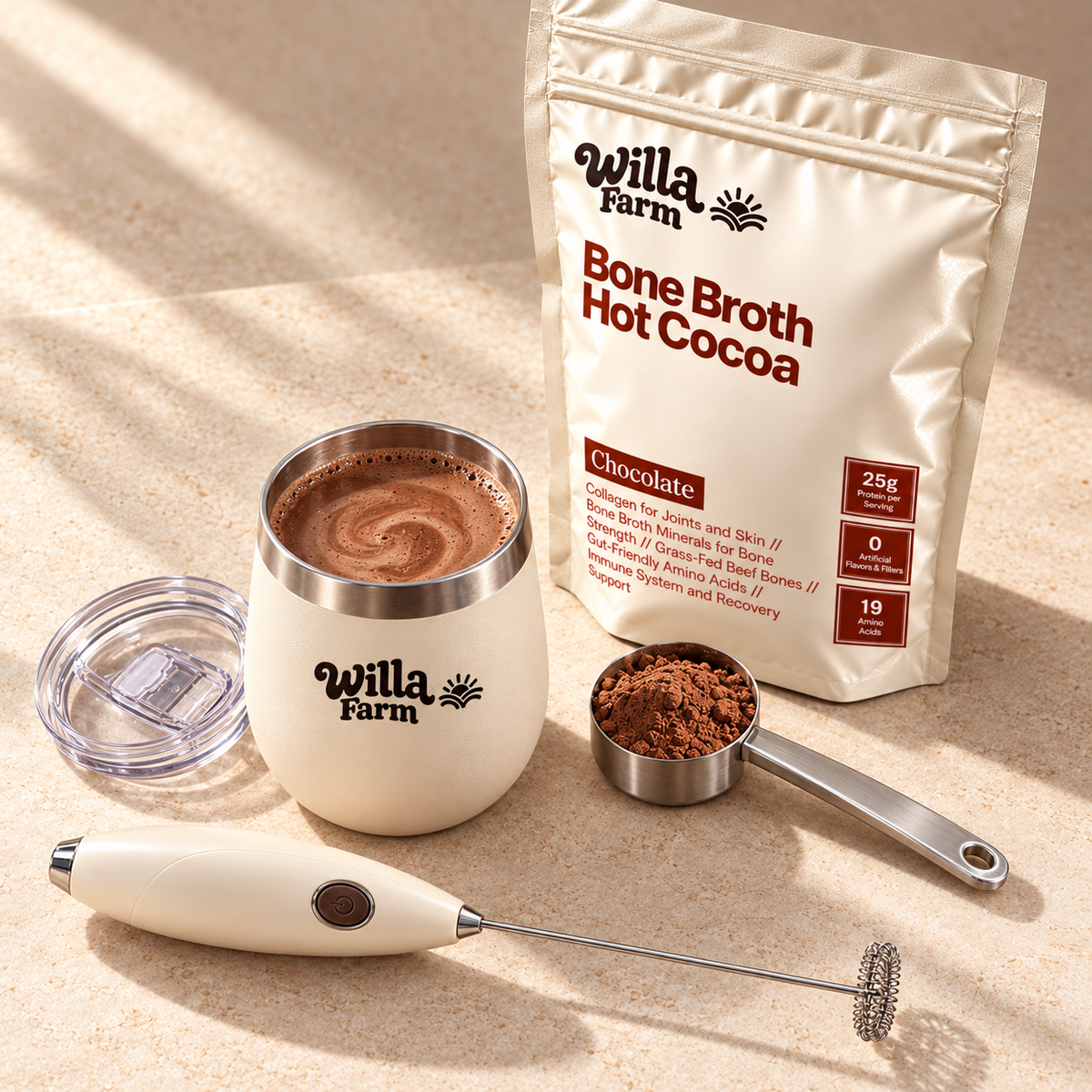 Willa Farm cocoa pouch with the cream cup, frother and cocoa scoop